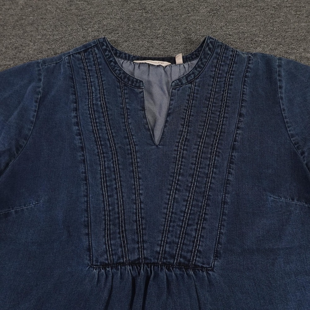 Soft Surroundings Tunic Top Womens Medium Blue Tencel Denim Short Sleeve Pleated - Picture 2 of 10